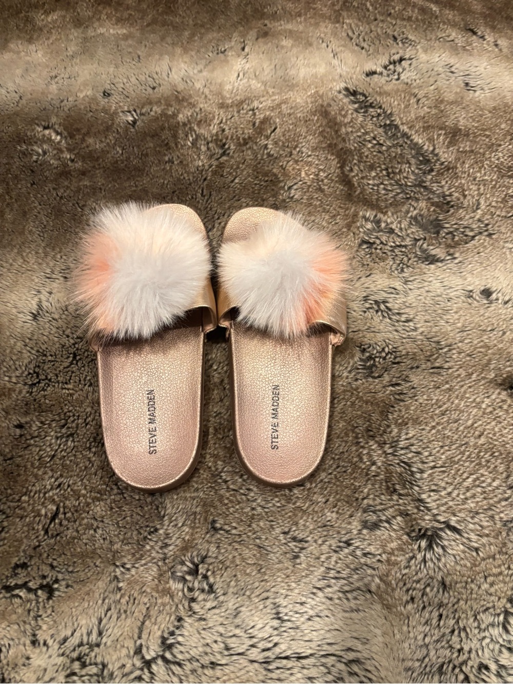 Steve Madden Rose Gold Slides with Pink-Cream Fur Poms